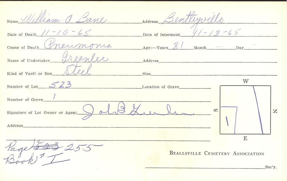 Willam A. Bane burial card